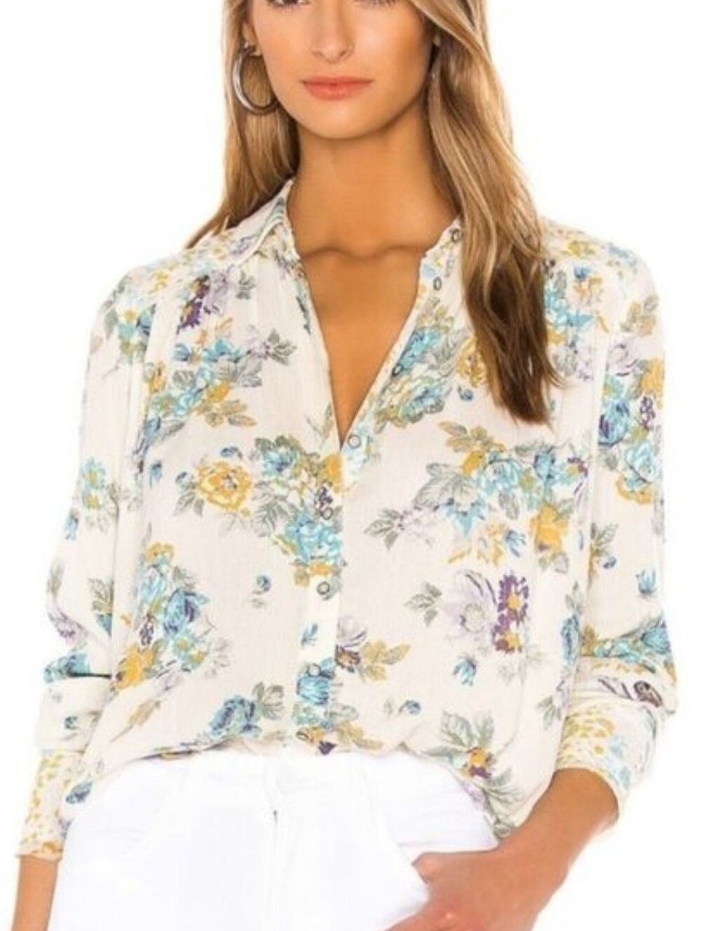Free People Hold On to Me Contrast Floral Print Ivory Blouse Size XS